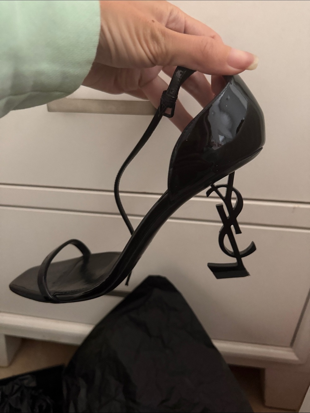 Yves Saint Laurent Black Patent Logo-Heel Strappy Sandals